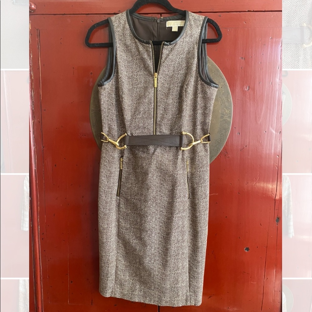 Michael Kors, belted dress fits like a glove Add white blouse tshirt turtleneck